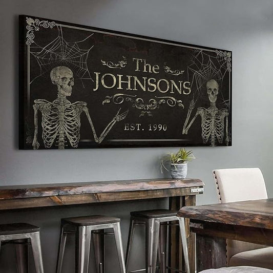 Tailored Canvases Gothic Family Wall Decor - Personalized Grunge Vintage Skeleton Room Decor for Home, Halloween Lovers, Men & Women for Bedroom, Living Room - Goth Spooky, Custom Couple Name, 48"x24"