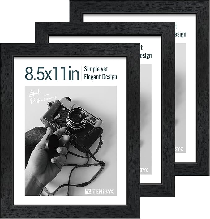 8.5x11 Picture Frame Set of 3 - Black Woodgrain, Solid Wood & HD Tempered Glass, Table Display or Wall Hanging