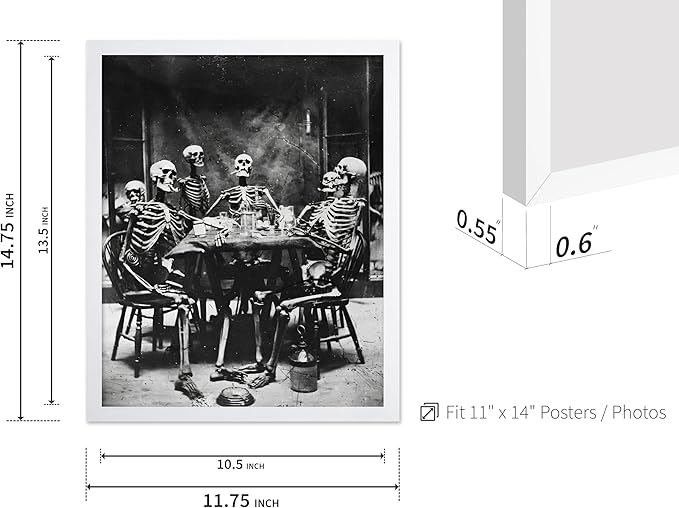 Poster Master Vintage Photograph Poster - Retro Daguerreotype Print - Gift for Artist, Friend - Skeletons Smoking at Table, Dinner Party, Goth - Wall Decor for Home, Dorm, 11x14 White Framed
