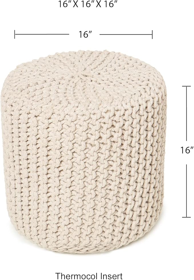 REDEARTH Cylindrical Hand Knitted Pouf - Foot Stool Ottoman - Cord Boho Pouffe - Cotton Round Poof for Home Decor - Living Room - Nursery - Bedroom - Patio (16" x 16" x 16") - Ivory