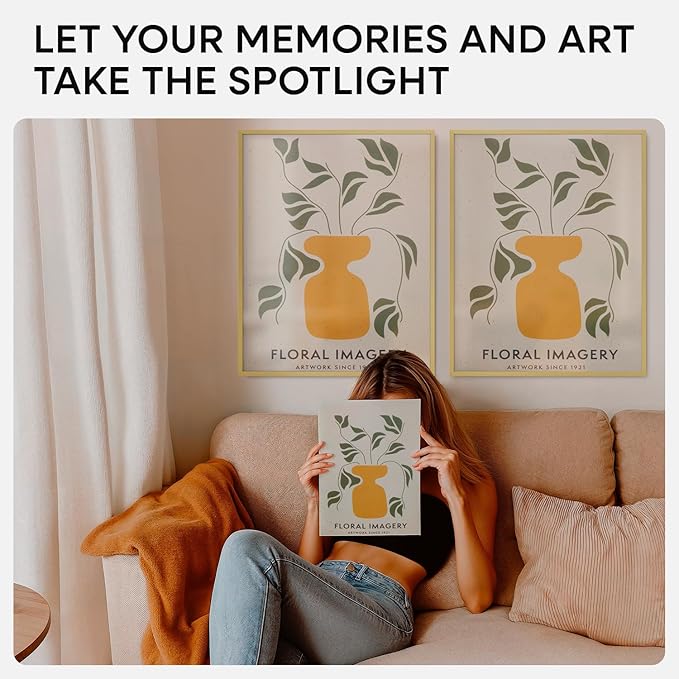 Homeforia 16 x 20 Picture Frame Gold, High End Metal 16x20 Poster Frames with Mat 11x14 Photo, 16 x 20 Gold Frame Matted to 11 by 14 Print, 20x16 Thin Hanging Frame, Tempered Glass, Wall Kit, Set of 1