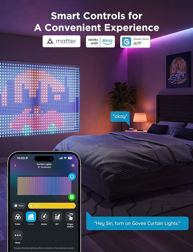 Govee Curtain Lights 2, 520 LEDs, Smart LED Curtain Light with DIY GIF AIGC, Non-Splicable, RGBIC Color Changing Holiday Lights for Indoor Outdoor Bedroom Window Decor, IP65 Waterproof, 4.9×6.6ft