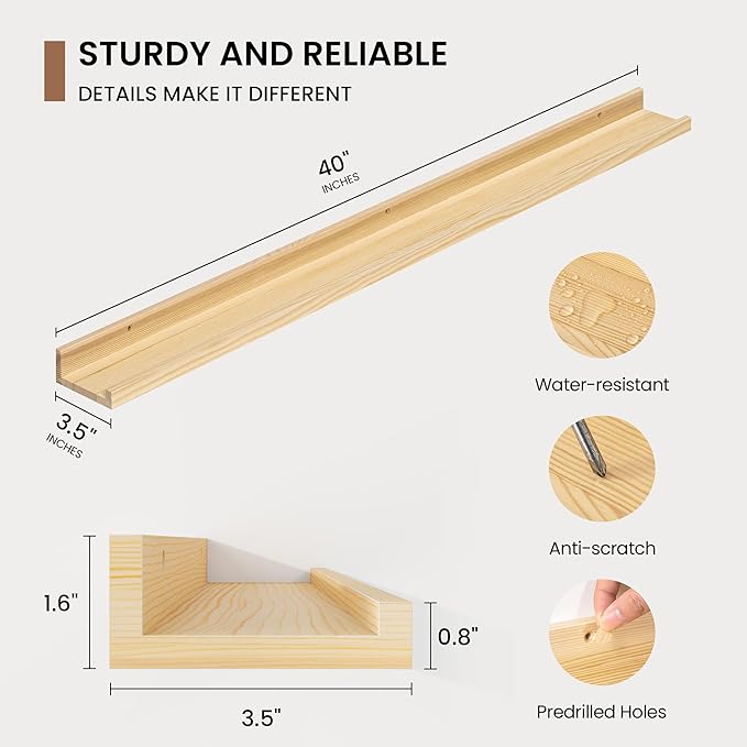 Picture Ledge Shelf, Solid Pine Wood Floating Shelves Set of 2, 40 Inches Nursery Book Shelves for Toys Storage, Kids Bookshelf Wall Mounted for Living Room Decor Photo Frames, Unfinished Natural