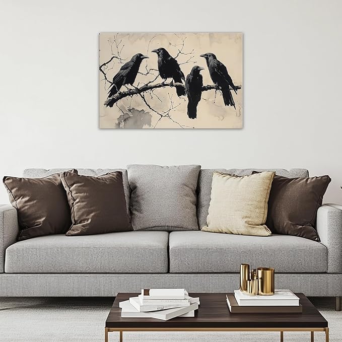 OAAPITI Birds Canvas Wall Art Black Couple Crow Picture Print Vintage Gothic Raven Artwork for Living Room Halloween Home Wall Decor(Artwork-9,12"x18")