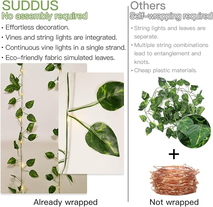 suddus Vine with Fairy Lights Battery Operated, 33ft100 LED Pothos String Lights with Remote, Leaf Lights for Bedroom, Room, Wall, Garden, Party, Wedding Decor(Warm White)