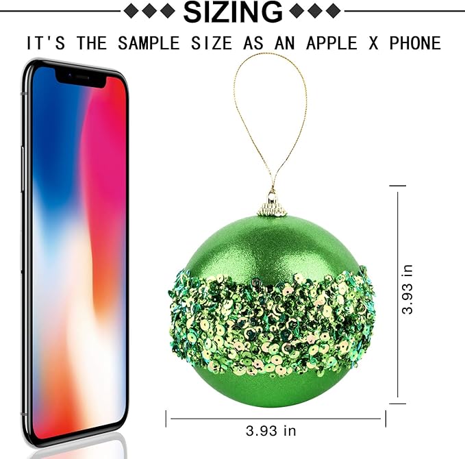 4" Christmas Ball Ornaments, 4pc Set Green Shatterproof Christmas Decorations Tree Balls for Xmas Trees Wedding Party Holiday Decorations
