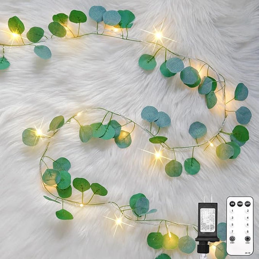 suddus Vines with Lights Plug in, 33ft 100 LED Eucalyptus Garland String Light Connectable with Remote, Leaf Lights for Bedroom, Room, Wall, Garden, Party, Wedding Decor (Warm White)