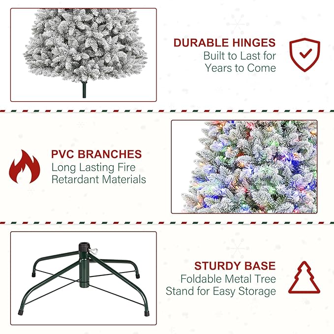 6ft Lighted Artificial Christmas Tree, 250 Multicolor LED Lights, Snow Flocked Christmas Tree with 1032 PVC Tips, Metal Base & Hinged Branches for Holiday, 10 Modes