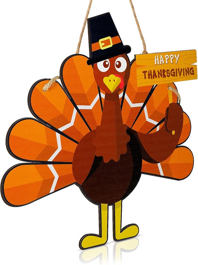 Thanksgiving Turkey Wooden Door Sign Hanging Turkey Art Door Decor Thanksgiving Turkey Wall Art Hanging Rustic Plaque for Thanksgiving Day Party Front Door Home Office Decoration, 11.4 x 8.3 Inch