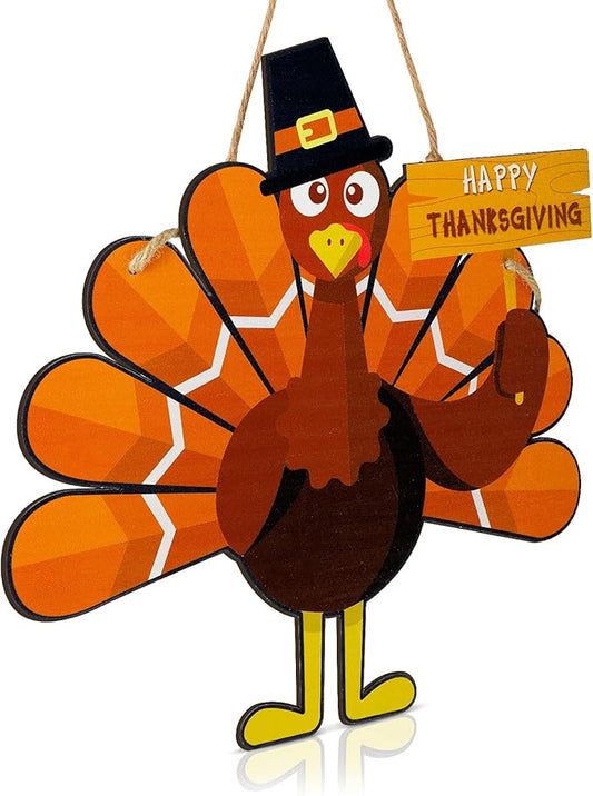 Thanksgiving Turkey Wooden Door Sign Hanging Turkey Art Door Decor Thanksgiving Turkey Wall Art Hanging Rustic Plaque for Thanksgiving Day Party Front Door Home Office Decoration, 11.4 x 8.3 Inch