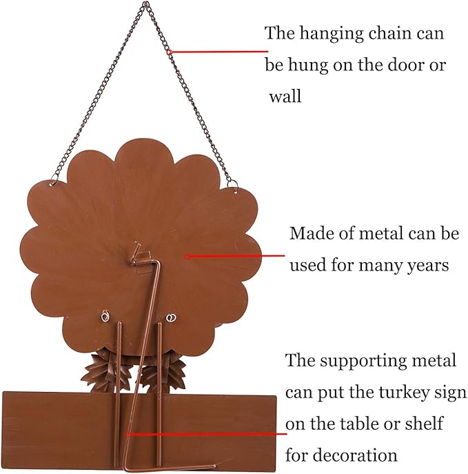Ogrmar Thanksgiving Metal Turkey Sign Wall Hanging Decoration with bracket for Front Door Ornament Festive Whimsical Halloween Christmas Wall & Tabletop Decor
