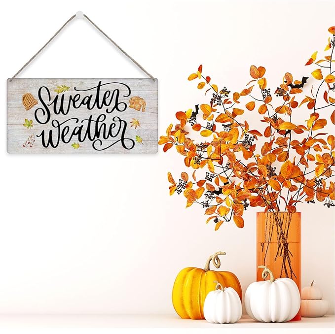 MIGUMUTU Rustic Farmhouse Fall Signs Door Wall Hanging Decor, Fall Room Home Decor, Sweater Weather Sign Autumn Leaves Wall Decor Fall Decoration for Home Office Bedroom 7 X 12 Inch