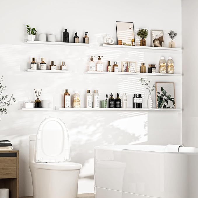 Heimlove Picture Ledge Shelf, Floating Shelves Set of 2, 16 Inches Picture Shelf for Wall with Ledge, Kids Bookshelf Wall Mounted for Living Room Bedroom Decor Books Photo Frames - White