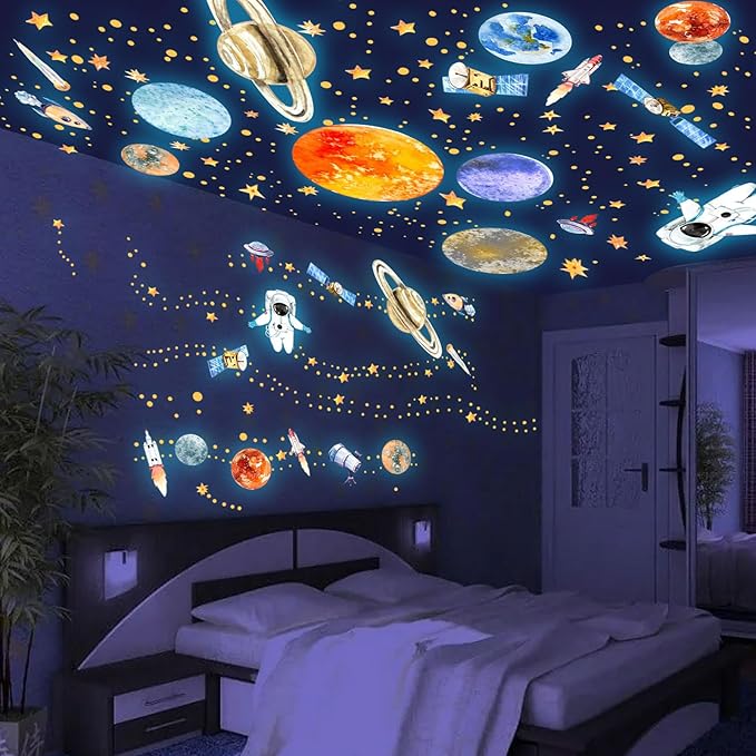 Glow in The Dark Planets and Stars Wall Decals, Luminous Astronaut Galaxy Space Rockets Wall Stickers Space Ceiling Decor for Boys Girls Bedroom Kids Baby Nursery Living Room Decoration