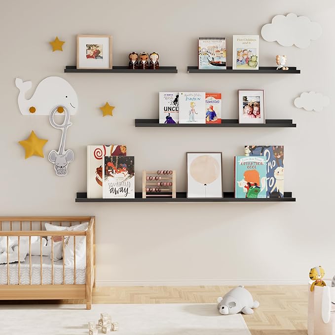 Fun Memories Picture Ledge Shelf, 48 Inch Floating Shelves Set of 2, Large Nursery Book Shelves for Toys Storage, Kids Bookshelf Wall Mounted for Wall Decor Books Photo Frames, Black