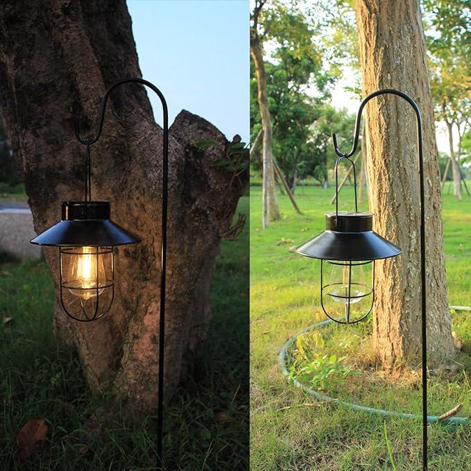 Solar Lantern 2pack Outdoor Hanging Light- Waterproof Vintage Metal Light with Shepherd Hook Decorative for Patio, Backyard, Porch, Yard (Black)