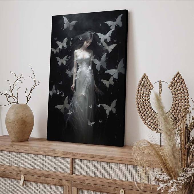 Vintage Gothic Feminine Canvas Wall Art Print Butterfly Poster Moody Female Wall Art Retro Artwork Dark College Decor for Home Bedroom12x16in Wood Framed