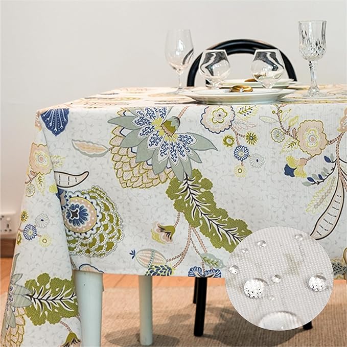 Boho Rectangle Outdoor Tablecloth, Waterproof Spill-Proof Table Cloth, Linen Polyester Floral Decorative Fabric Table Cover for Outdoor, Easter, Party, Dining - 84''x60''