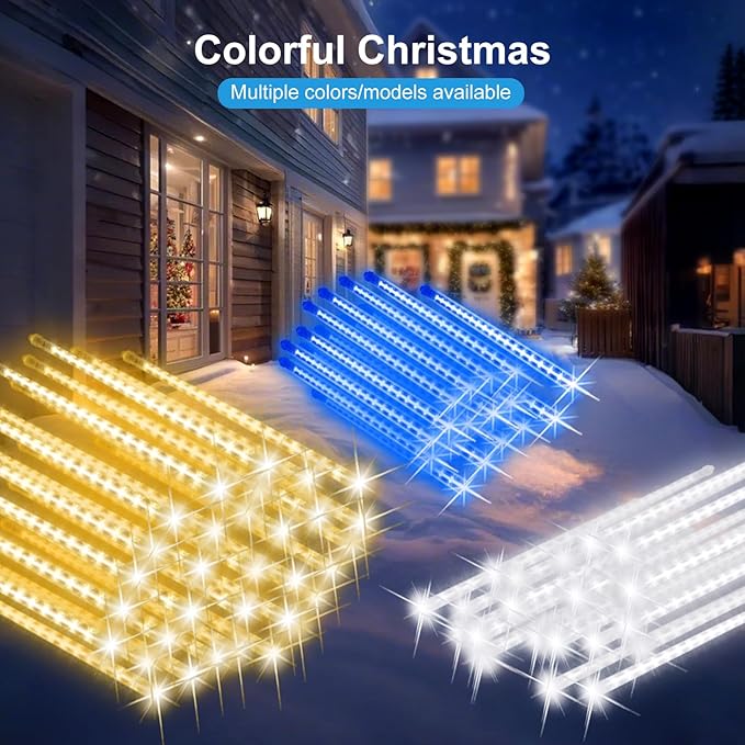 PEMOTech Christmas Lights Outdoor,16 Tubes 40cm 576 LED Meteor Shower Lights, Waterproof Christmas Decorations Icicle Lights for Xmas Tree Halloween Party, Outdoor Christmas Decorations,UL Plug,Blue