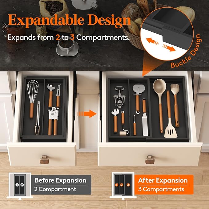 Lifewit Utensil Drawer Organizer, Expendable Cooking Silverware Tray for Kitchen Drawer, Bamboo Adjustable Cutlery Flatware Holder, Spatula Tools and Gadgets Storage Divider, 3 Compartments, Black