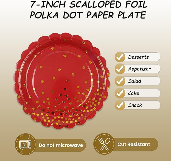 50PCS Red Paper Plates, 7 Inch Scalloped Red and Gold Party Plates Disposable Foil Polka Dots Dessert Plate Cake Plate for Wedding Baby Shower Birthday Anniversary Bachelorette Dinner BBQ