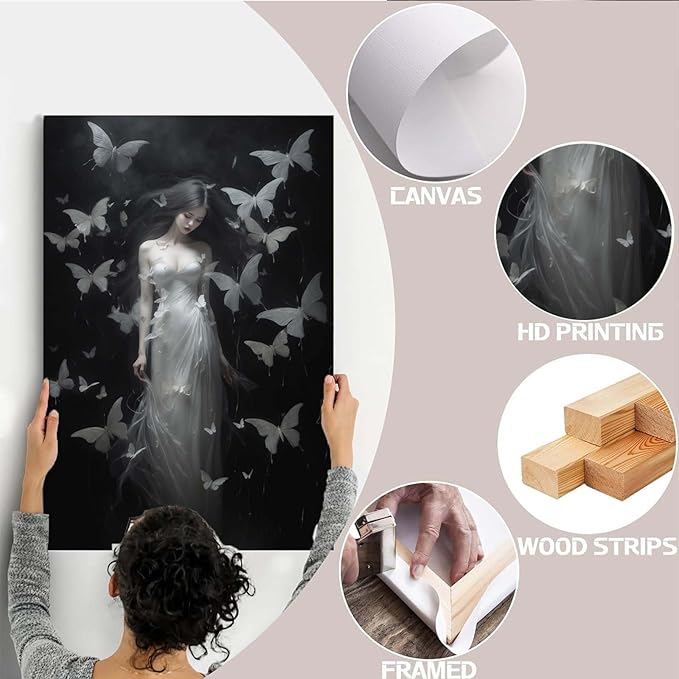 Vintage Gothic Feminine Canvas Wall Art Print Butterfly Poster Moody Female Wall Art Retro Artwork Dark College Decor for Home Bedroom28x40in Wood Framed