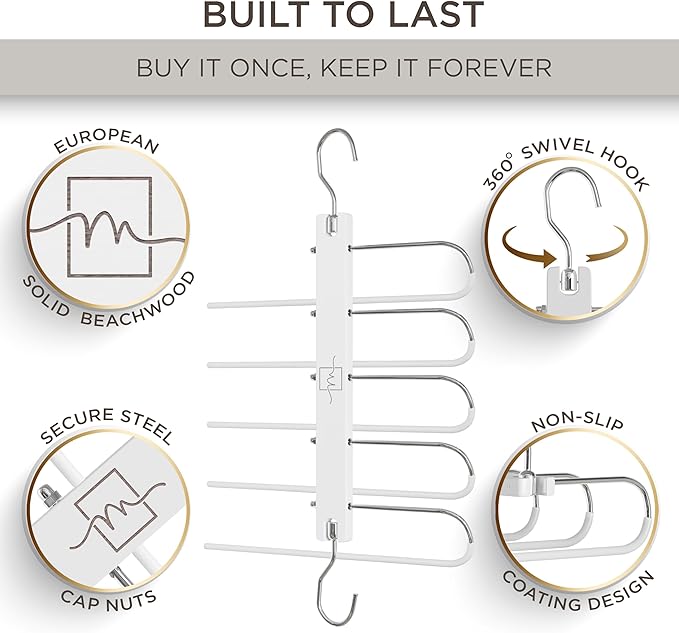 MORALVE Pants Hangers Space Saving - European Beechwood Scarf and Jean Hangers - Closet Organizer and Space Saver Pant Rack, Leggings Hanger, and Scarf Holder with 360° Swivel Hook (1 Pack)