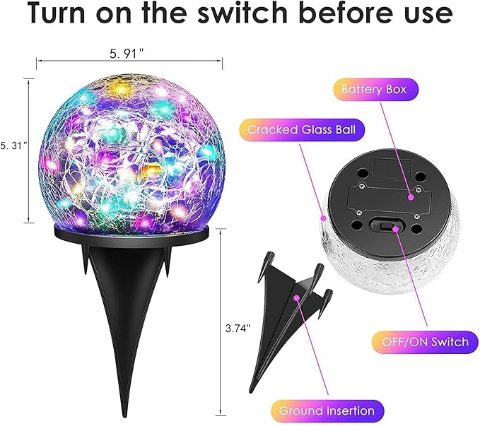 Solar Garden Lights, 2 Pack 80 LED Multicolor Cracked Glass Solar Outdoor Lights Decorative, Upgraded Waterproof Ball Light for Yard Pathway Patio Lawn Christmas Outside Decor, 5.9"