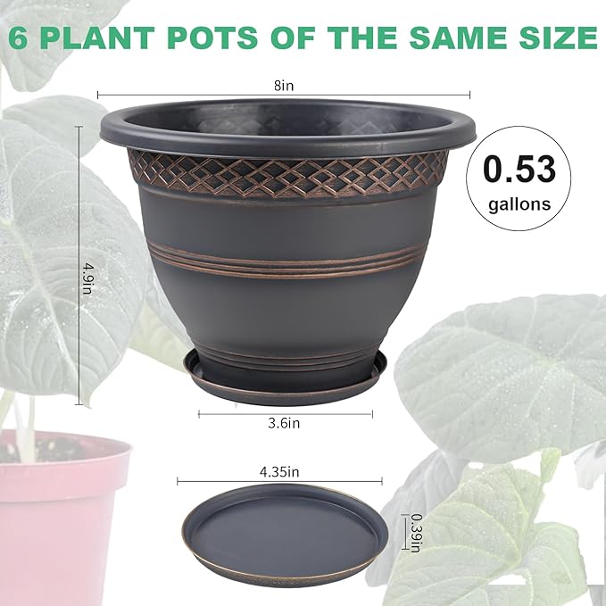 6 Pack 8 Inch Plant Pots, Plastic Flower Pot for Indoor & Outdoor with Drainage Holes & Saucer, Plaid Pattern Planters Garden Pots for Herbs