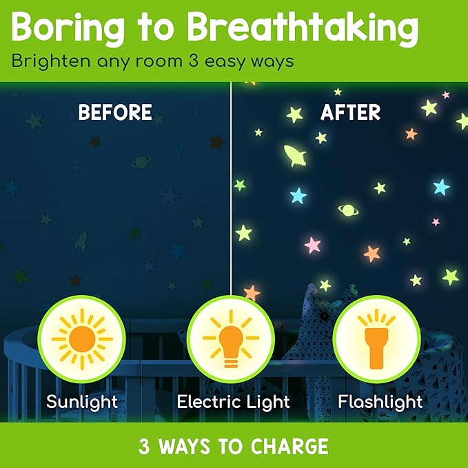 BUNMO Glow in The Dark Stars for Ceiling & Walls – 280 Piece Bright Wall Stickers, Long Lasting Non-Toxic Decals with Moons & Planets for Kids Bedroom, Nursery & Room Decor