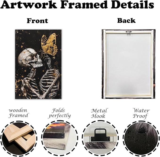 OAAPITI Skull Wall Art Skull and Gold Butterfly Canvas Print Abstract Modern Gothic Artwork for Bedroom Dark Art Decor(Artwork-7,16"x24")