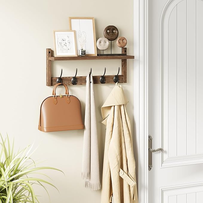 AMBIRD Wall Hooks with Shelf - Wooden Entryway Organizer with 5 Dual Hooks, Retro Wall-Mounted Coat Hook Rack for Bathroom, Living Room, Bedroom (17.12 Inch)