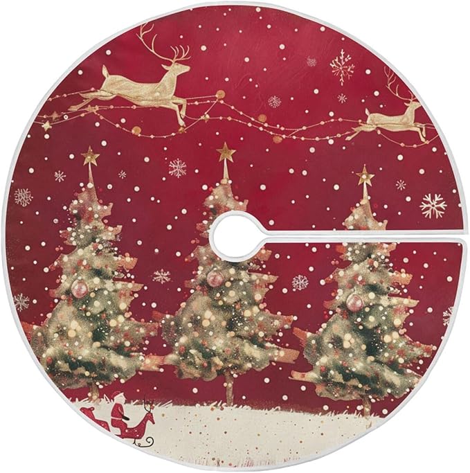 48 Inch Christmas Tree Skirt With Reindeer - Xmas Tree Mat for New Year Party Decorations