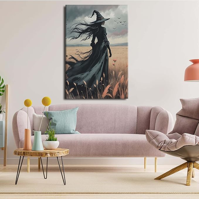 JFHCQJPK Gothic Decor Canvas Wall Art Witch in Rice Field Halloween Art Decor Print Nature Print Victorian Home Bedroom20x30in Frameless
