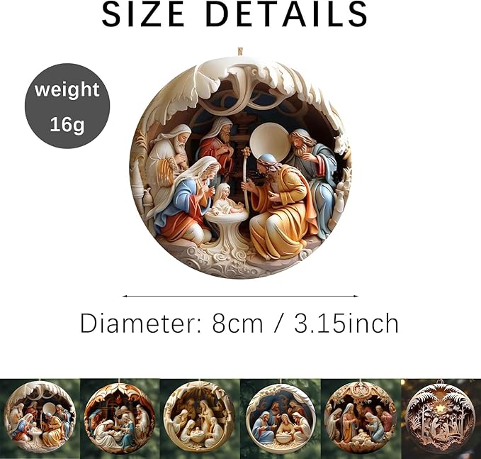 6 Pack Nativity Scene Ornaments - 3.15'' Diameter & Gifts Boxed Keepsake | Christmas Tree Nativity Scene Hanging Ornaments, The Birth of Jesus Decor, Religious Gifts for Christian & Family