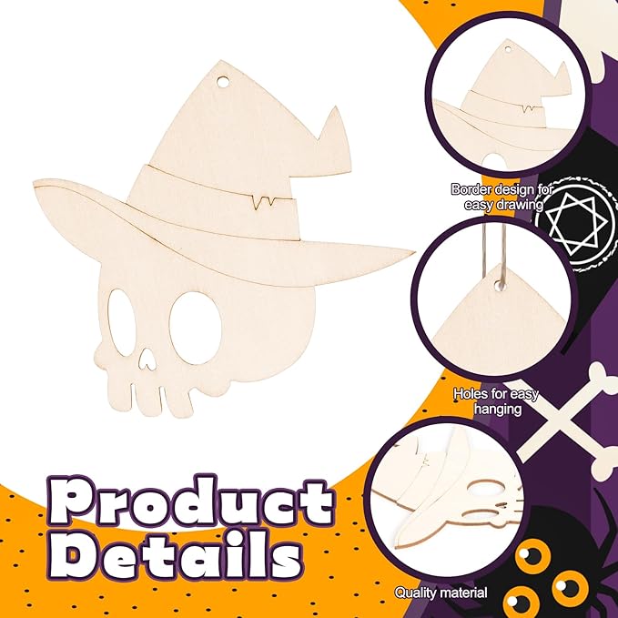 24 PCS Unfinished Wooden Halloween Crafts, Pumpkin Ghost Shaped Hanging Ornaments DIY Wood Craft Cutouts for Home Party Decor (Halloween)