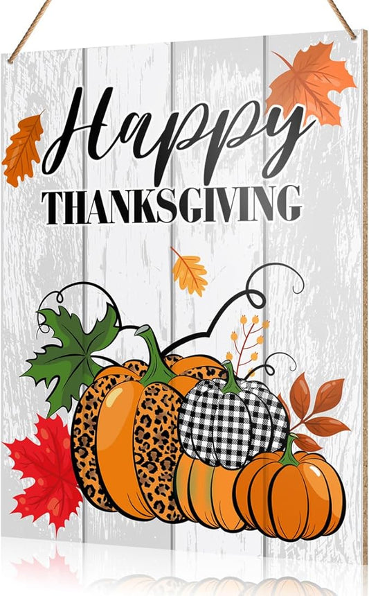 UDNADKEX Happy Thanksgiving Decorations Hanging Sign, Thanksgiving Decor Rustic Buffalo Plaid Pumpkin Wooden Wall Sign Decorations
