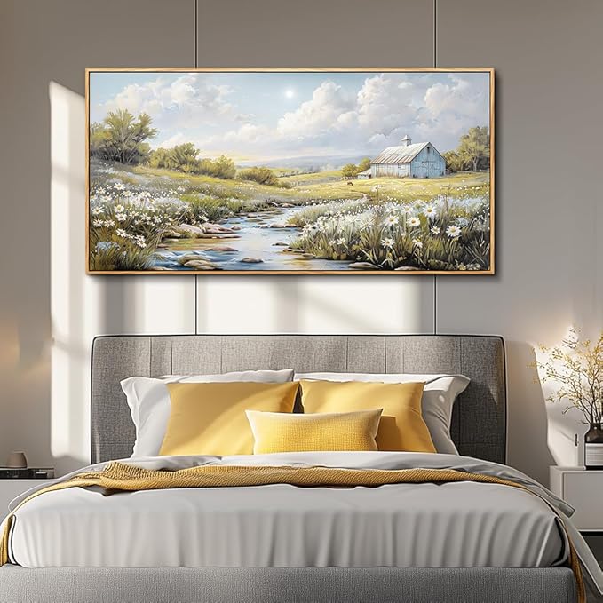 PHAOHUAXM Large Canvas Wall Art For Living Room Wall Decor For Bedroom Flower Watercolour Office Decoration Countryside Scenery Wall Picture Printing Art Painting Home Decor 30x60 In Wood Framed