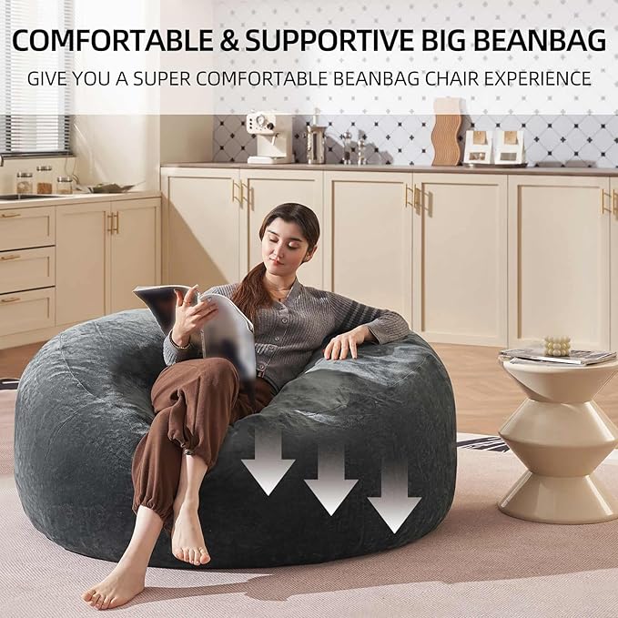 Bean Bag Chair 4Ft, Memory Foam Filled, Large Beanbag Chairs for Adults and Teens, Soft Sofa with Removable Flannel Cover, Round Couch for Living Room Bedroom College Dorm (Dark Gray, 4FT-47×47"×24")