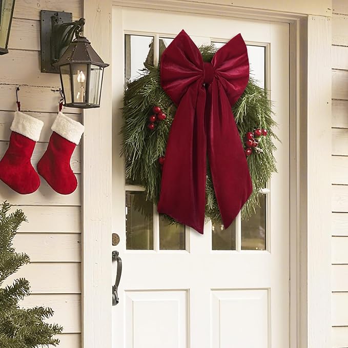 Christmas Decorations - Christmas Bows - 36x18 Inches Large Red Velvet Christmas Tree Topper - Burgundy Ribbon Gift Bows - Xmas Decor for Indoor Outdoor Home Wreaths Mantle Front Door Porch Wedding