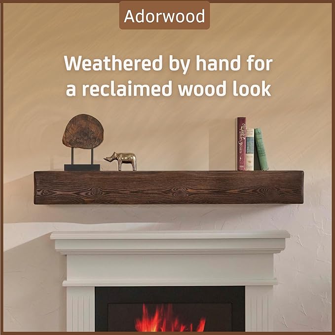 Handmade Fireplace Mantel Shelf 48", Extra Wide Rustic Wood Mantles for Over Fireplace, Wall Mounted Floating Mantel Shelves for Living Room Decor (Dark Walnut, 48Lx6Hx8D)