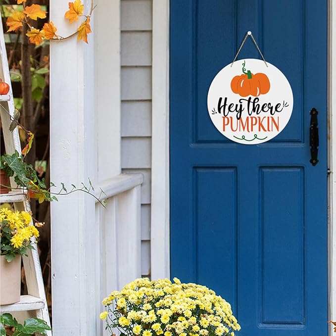 MIGUMUTU Cute Farmhouse Fall Signs Door Wall Hanging Decor, Fall Room Home Decor, Hey There Pumpkin Sign, Fall Sign Autumn Pumpkin Wall Decor Decoration for Home Office 12 X 12 Inch