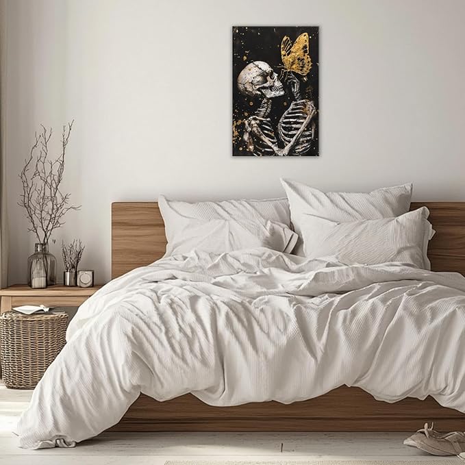OAAPITI Skull Wall Art Skull and Gold Butterfly Canvas Print Abstract Modern Gothic Artwork for Bedroom Dark Art Decor(Artwork-7,16"x24")