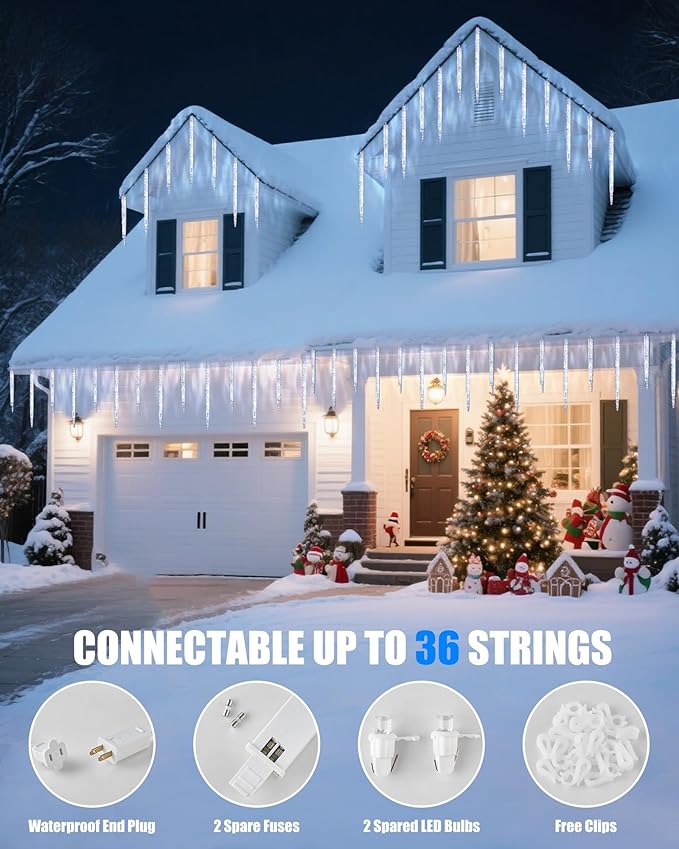 Minetom Icicle Lights Outdoor with Clips, 10ft 50 LED 10 Tubes Twinkling Ice Shape String Lights, Connectable Hanging Christmas Lights Plug in for Eave Holiday Outdoor, Cool White