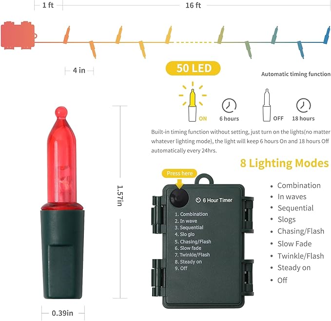 WATERGLIDE 50 LED Outdoor Christmas Lights, 16 FT Battery Operated Mini String Lights with 8 Modes & Timer, Xmas Tree Lights Waterproof for Patio Garden Party Wedding Holiday Decor, Multicolor