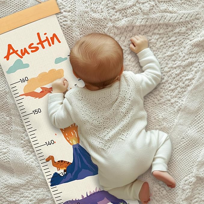 Personalized Name Growth Chart Wall Decor for Kids – Canvas Removable Height Chart Measuring Ruler 59" x 7.9" (Dinosaurs)
