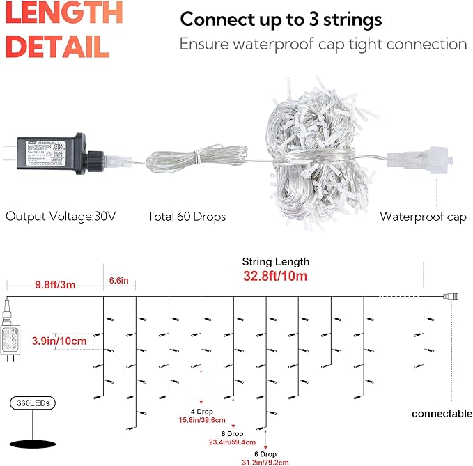 Hopolon 33FT 360L LED Icicle String Lights - Outdoor, Waterproof, 8 Modes, With 60 Drops - Curtain Lights for Indoor/Outdoor Decorations (Red)