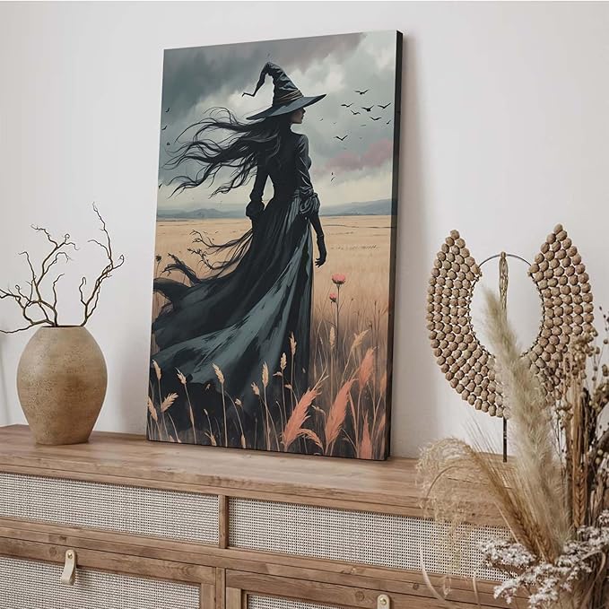 JFHCQJPK Gothic Decor Canvas Wall Art Witch in Rice Field Halloween Art Decor Print Nature Print Victorian Home Bedroom24x36in Frameless