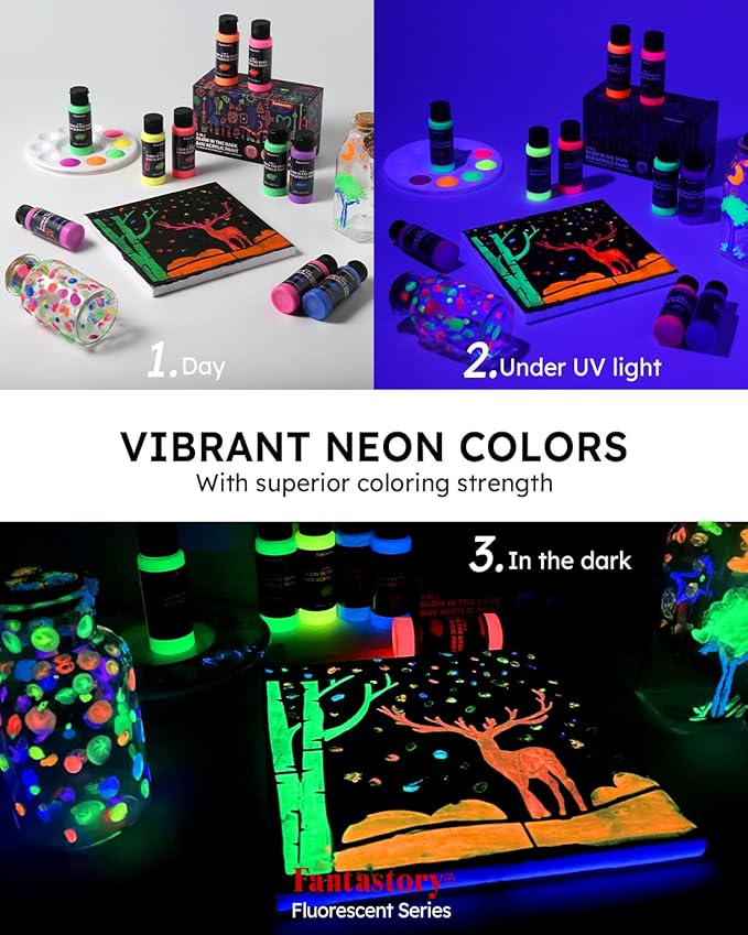 Fantastory Fluorescent Glow in the Dark Paint,60ml /2oz,Neon Colors Glow Acrylic Paints; Waterproof Blacklight Paint for Outdoor Rock,Wood,DIY Craft,Canva,Pumpkin,Halloween,Holiday Decor