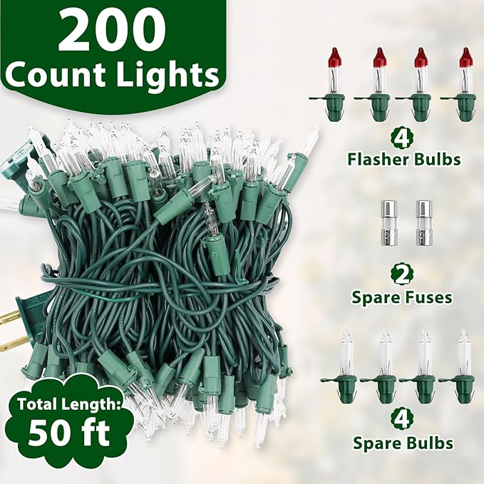 Clear Christmas Lights 50FT 200 Incandescent Bulbs Warm White Mini Lights with Green Wire for Christmas Tree, Garland, Thanksgiving, Wedding, Party, Home, Indoor & Outdoor Festival Decoration